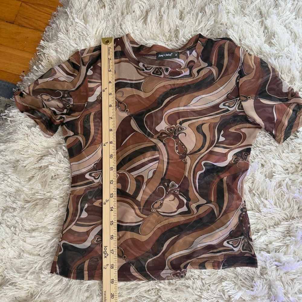 Brown‎ Fitted Abstract Swirls Butterfly Mesh Y2K Sheer Bodycon Baby Tee — Size M - Picture 7 of 8
